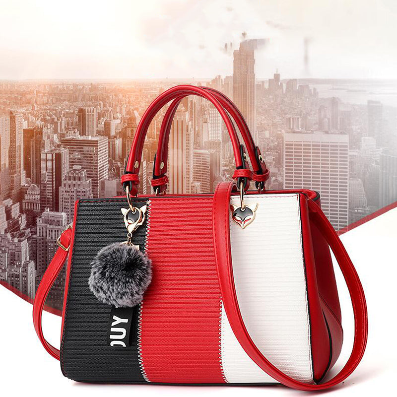 Women's Pom-Pom PU Leather Tote Bag – Patchwork Crossbody Shoulder Handbag
