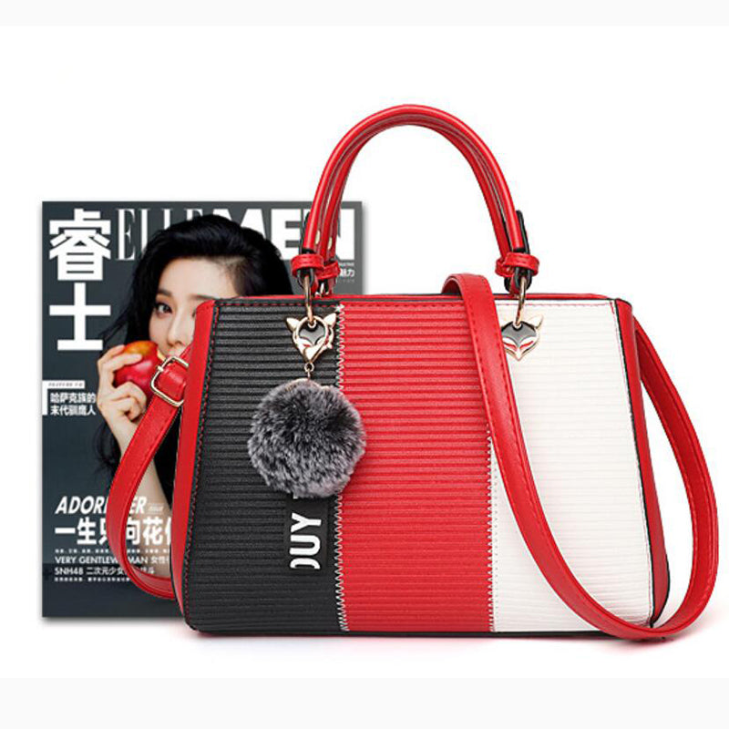 Women's Pom-Pom PU Leather Tote Bag – Patchwork Crossbody Shoulder Handbag