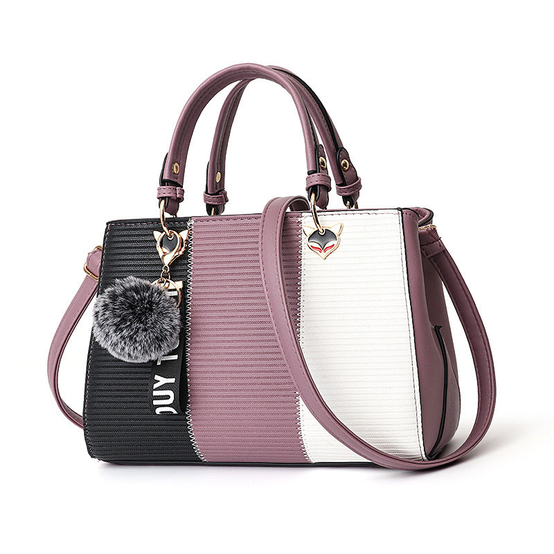 Women's Pom-Pom PU Leather Tote Bag – Patchwork Crossbody Shoulder Handbag