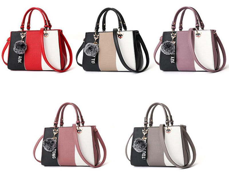 Women's Pom-Pom PU Leather Tote Bag – Patchwork Crossbody Shoulder Handbag