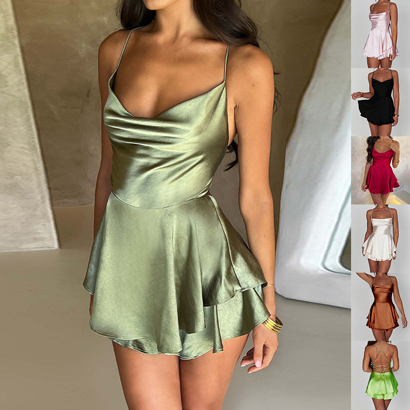 Women's Satin Backless Lace-Up A-Line Mini Dress – Elegant Slim Suspender Skirt