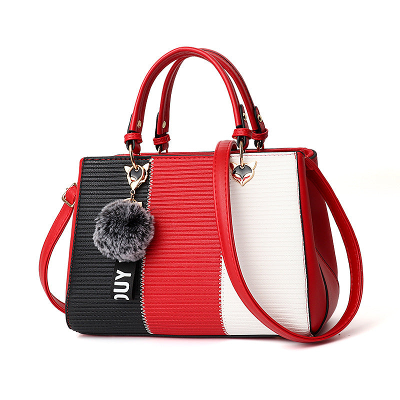 Women's Pom-Pom PU Leather Tote Bag – Patchwork Crossbody Shoulder Handbag