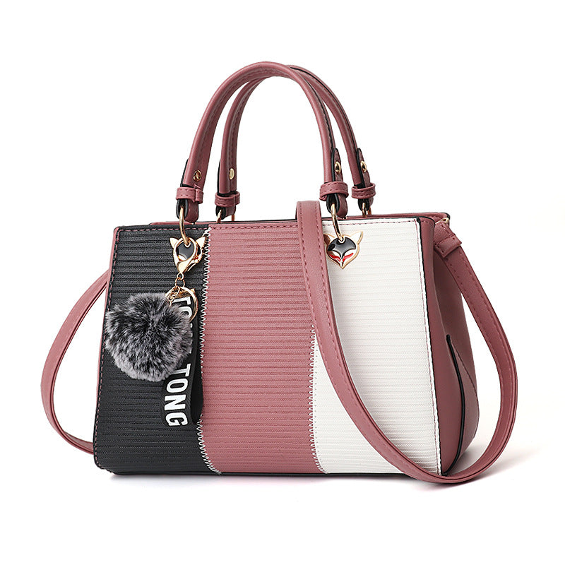 Women's Pom-Pom PU Leather Tote Bag – Patchwork Crossbody Shoulder Handbag