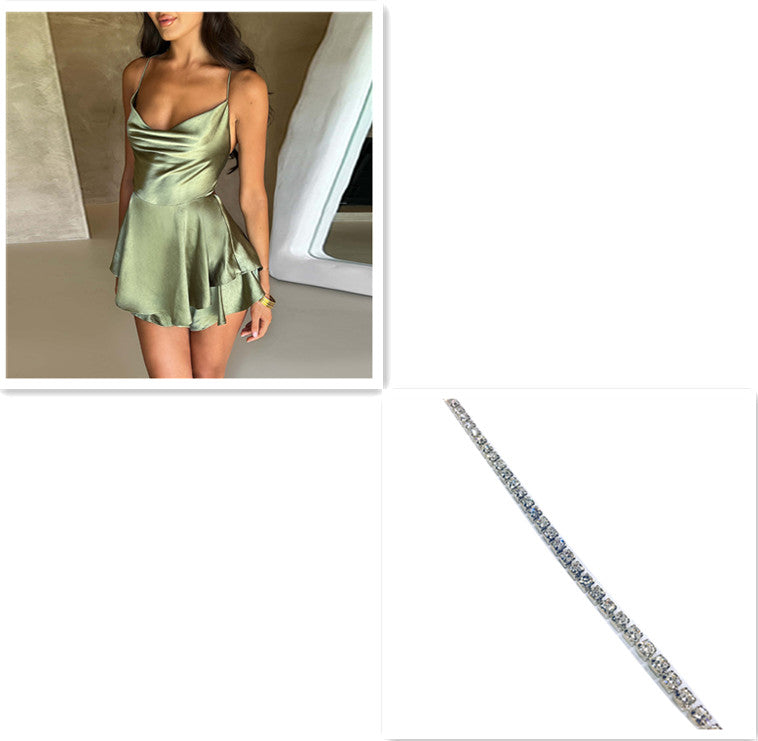 Women's Satin Backless Lace-Up A-Line Mini Dress – Elegant Slim Suspender Skirt