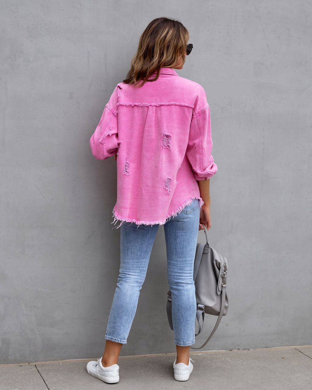 Women's Ripped Distressed Shirt Jacket – Loose Fit Casual Outerwear Top
