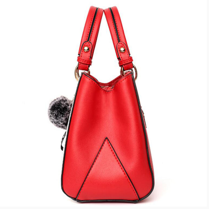 Women's Pom-Pom PU Leather Tote Bag – Patchwork Crossbody Shoulder Handbag
