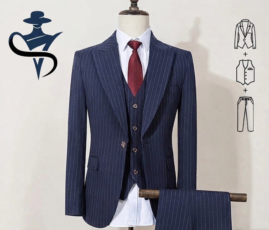 Men's 3-Piece Striped Suit Set – Slim Fit Business & Party