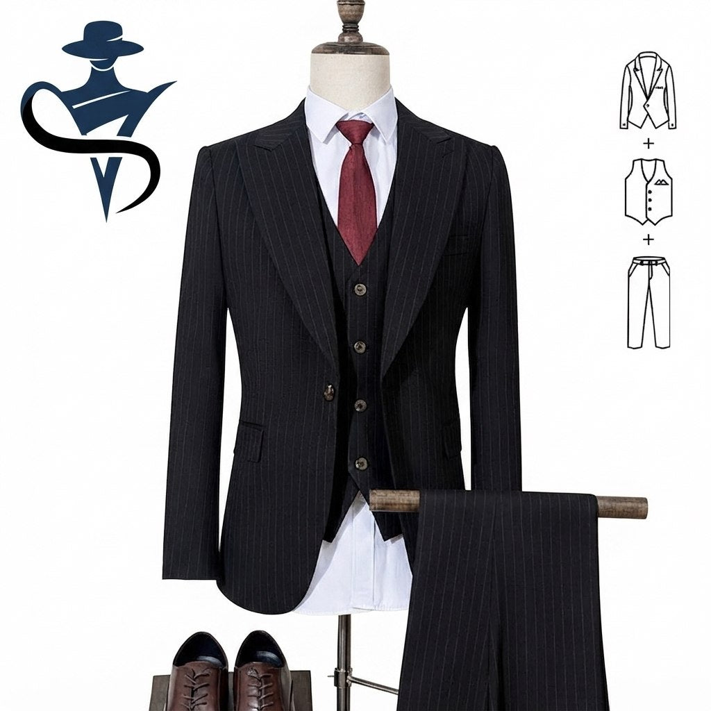 Men's 3-Piece Striped Suit Set – Slim Fit Business & Party