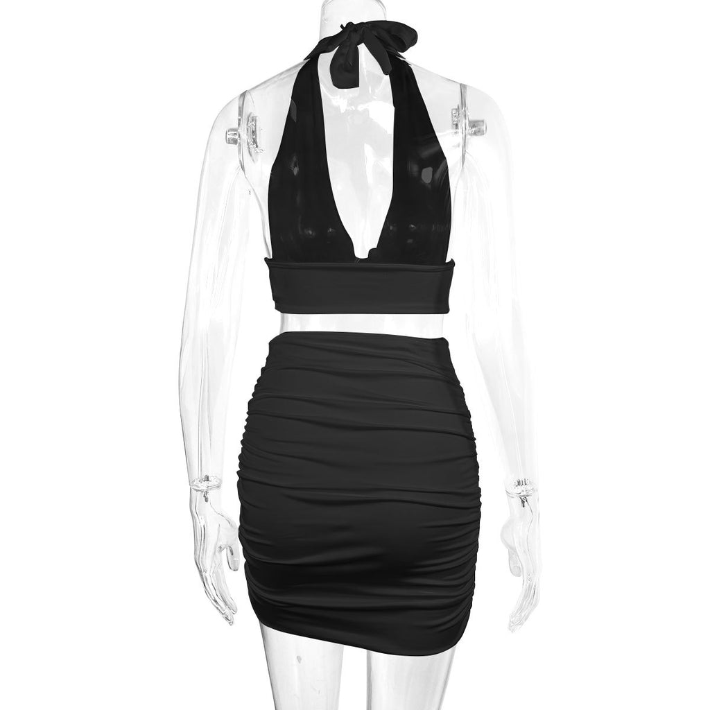 Women's Halter Lace-Up Crop Top & Pleated Mini Skirt – Sexy 2-Piece Dress Set