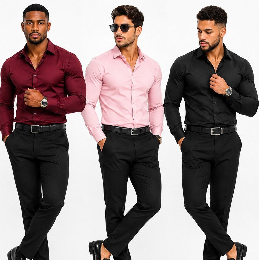 Men's Solid Color Long Sleeve Shirt — Elastic Smart Casual Button-Up | S–XL