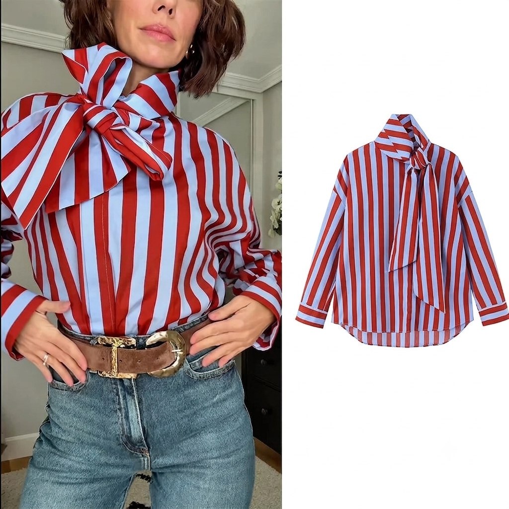 Women's Vintage Striped Bow Blouse — Long Sleeve Turn-Down Collar Loose Button-Down Top | XS–L
