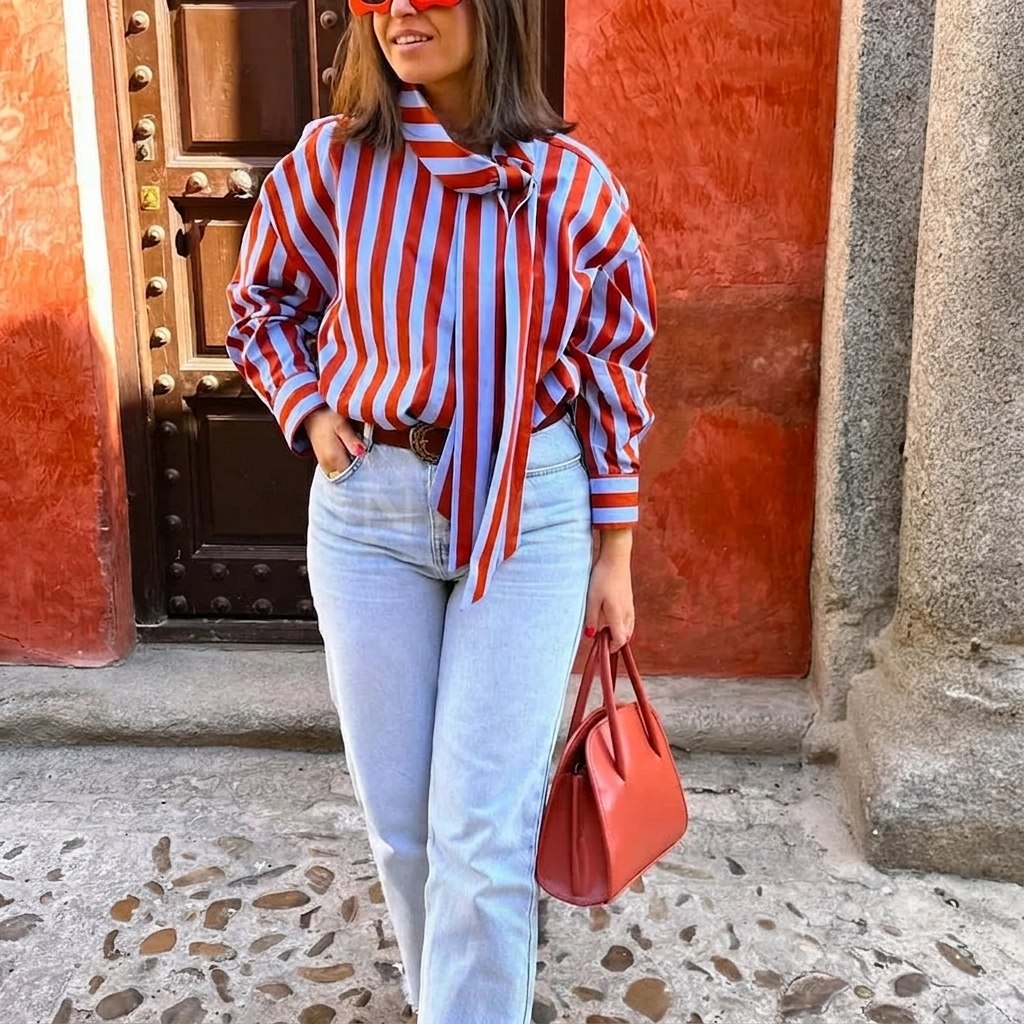 Women's Vintage Striped Bow Blouse — Long Sleeve Turn-Down Collar Loose Button-Down Top | XS–L