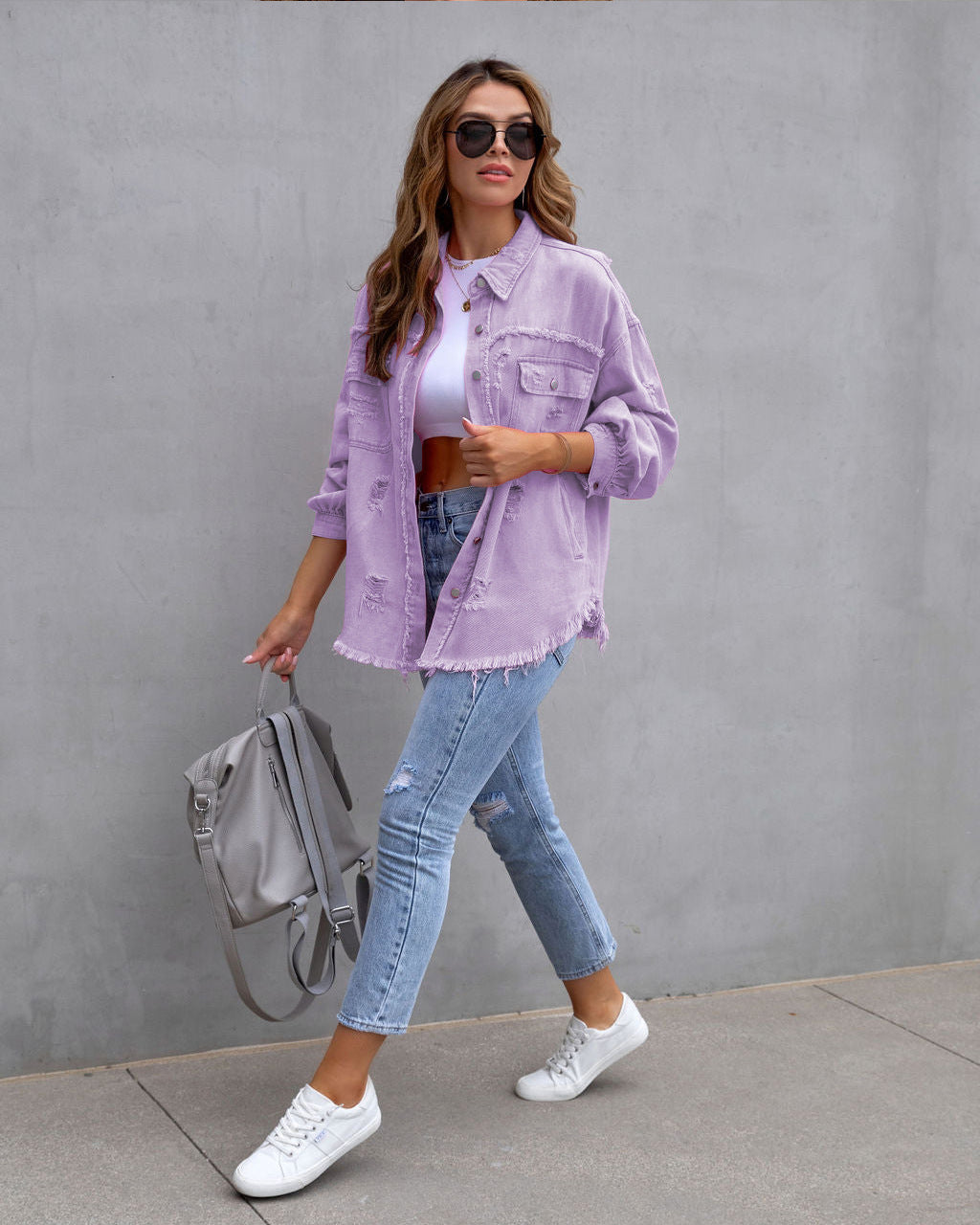 Women's Ripped Distressed Shirt Jacket – Loose Fit Casual Outerwear Top