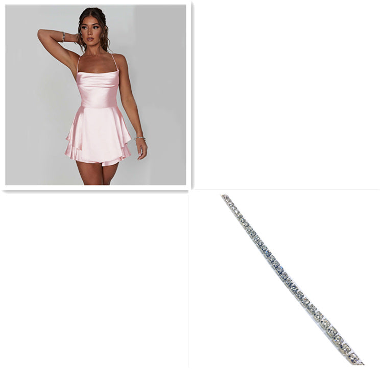 Women's Satin Backless Lace-Up A-Line Mini Dress – Elegant Slim Suspender Skirt