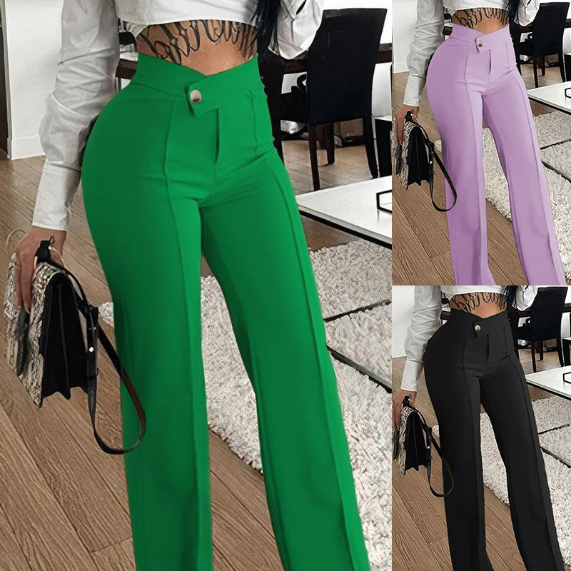 Women's Slim Straight-Leg Buckle Trousers – Solid Color Fashion Pants