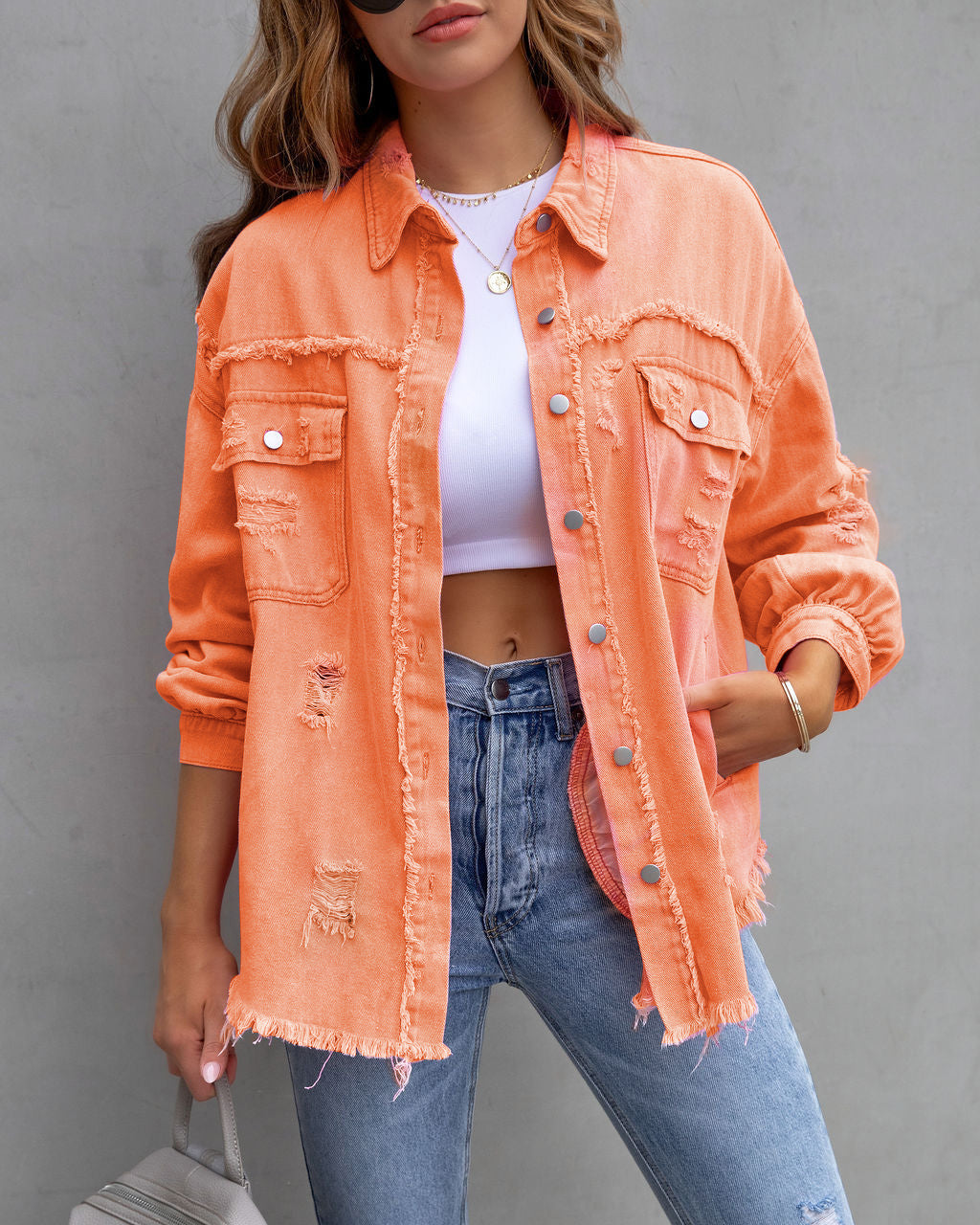 Women's Ripped Distressed Shirt Jacket – Loose Fit Casual Outerwear Top