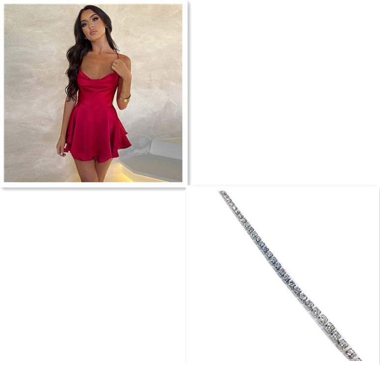 Women's Satin Backless Lace-Up A-Line Mini Dress – Elegant Slim Suspender Skirt