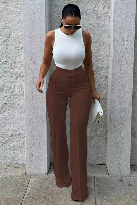 Women's Slim Straight-Leg Buckle Trousers – Solid Color Fashion Pants