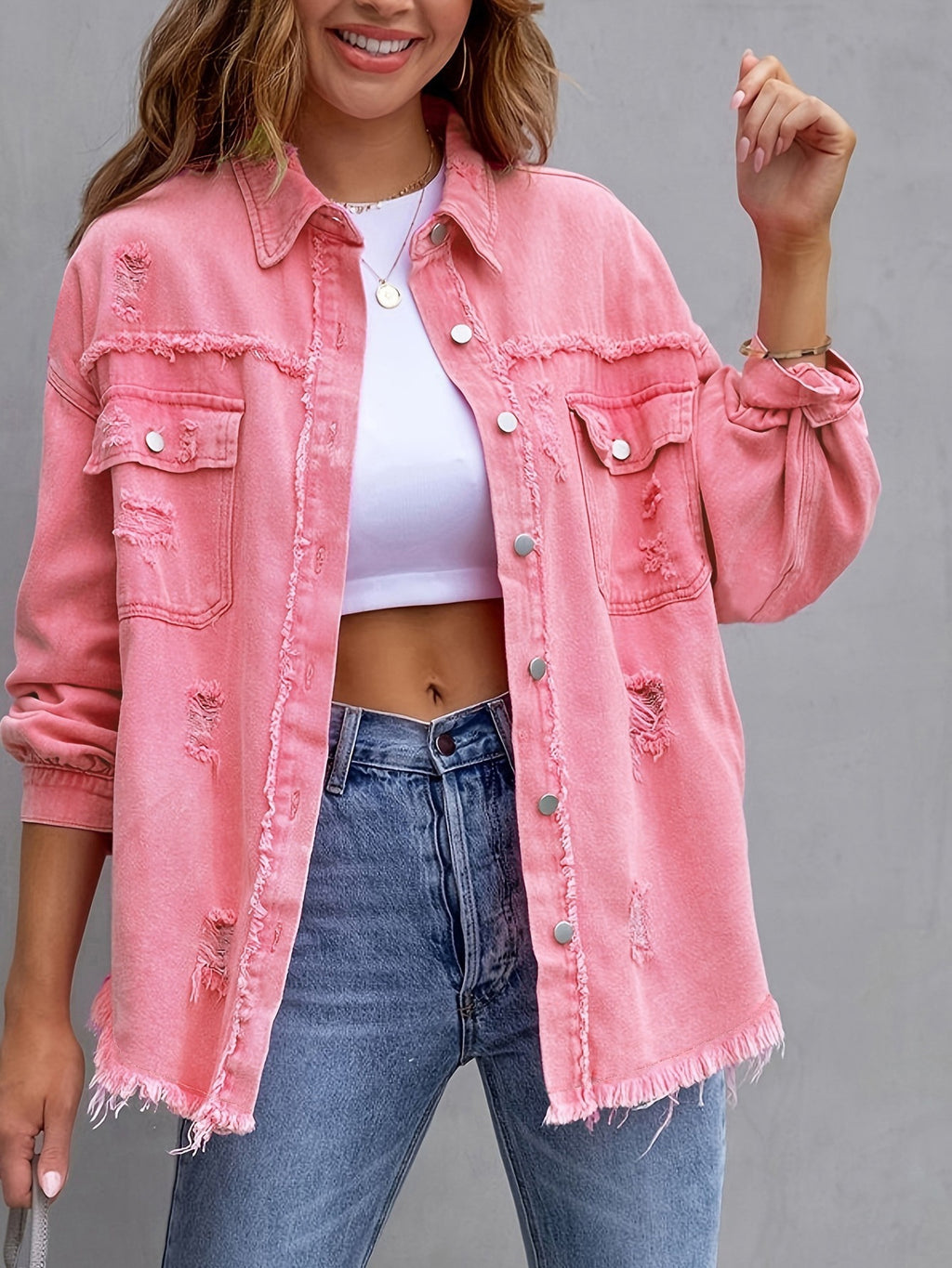 Women's Ripped Distressed Shirt Jacket – Loose Fit Casual Outerwear Top