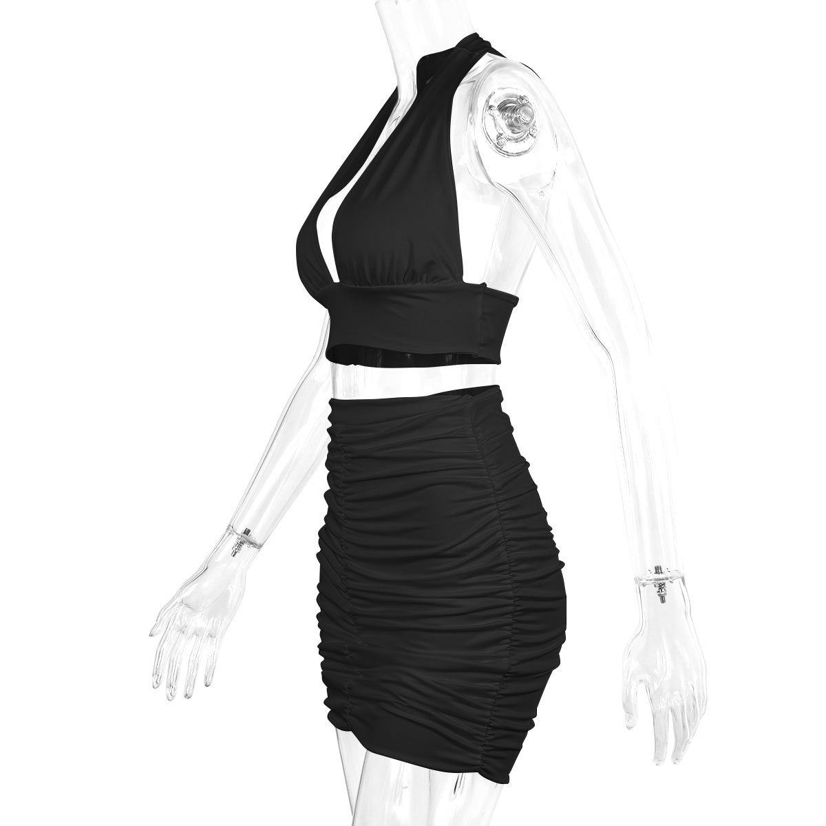 Women's Halter Lace-Up Crop Top & Pleated Mini Skirt – Sexy 2-Piece Dress Set