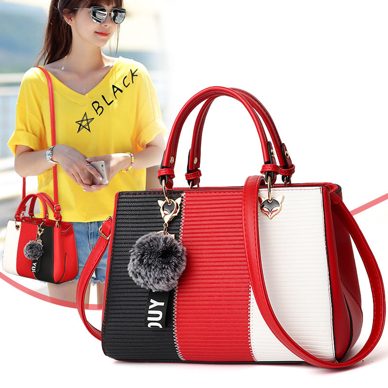 Women's Pom-Pom PU Leather Tote Bag – Patchwork Crossbody Shoulder Handbag
