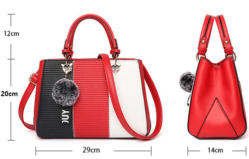 Women's Pom-Pom PU Leather Tote Bag – Patchwork Crossbody Shoulder Handbag
