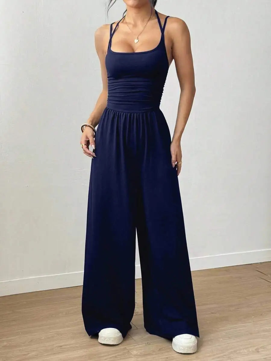 Women's Summer Black Casual Pleated Loose Straight-Leg Jumpsuit, Adjustable Halter Neck Tie
