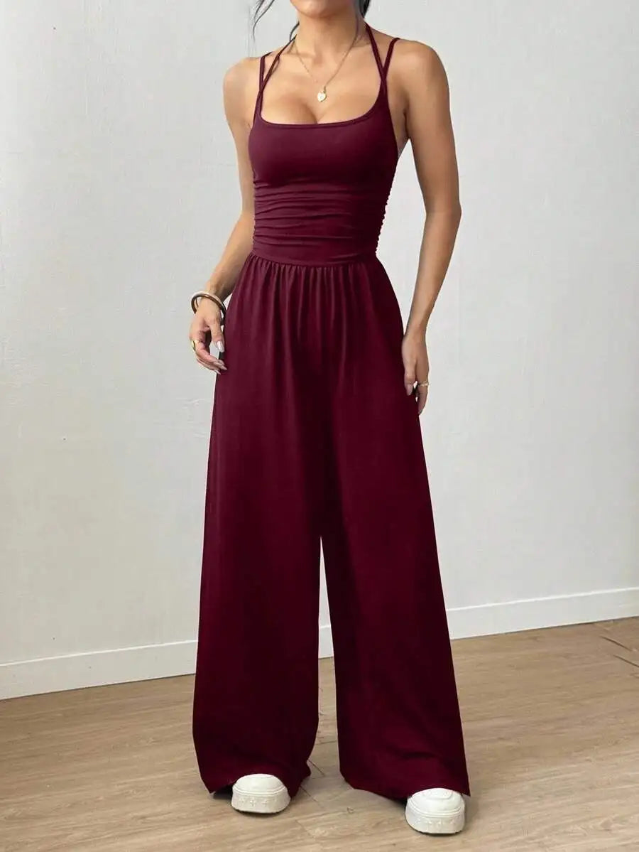 Women's Summer Black Casual Pleated Loose Straight-Leg Jumpsuit, Adjustable Halter Neck Tie