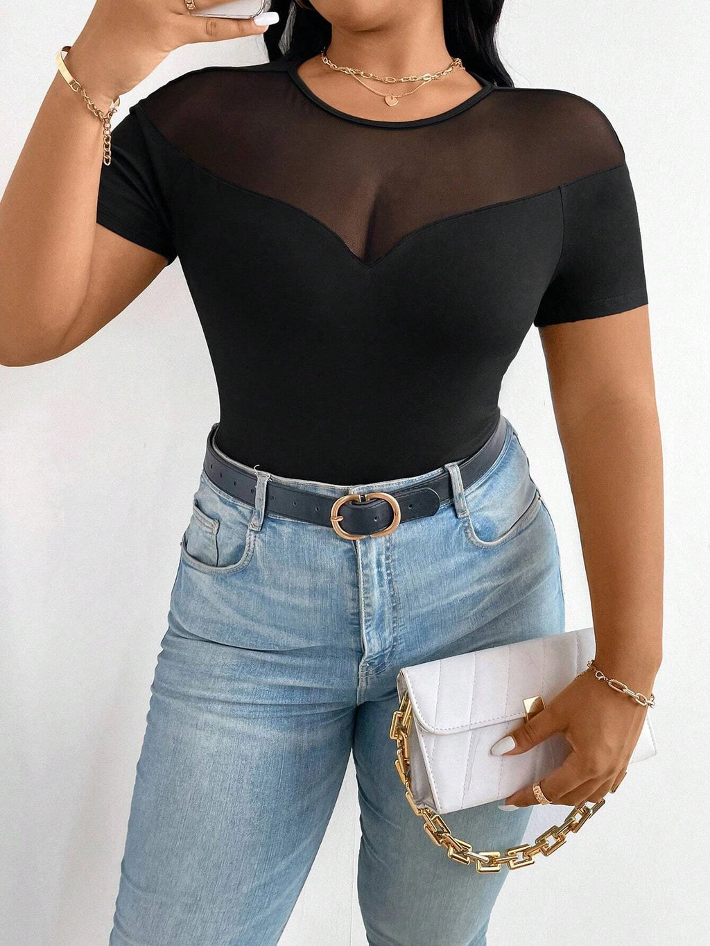 Plus-size women's mesh round neck short-sleeved fitted top, sexy sheer design, classic and stylish versatile style, suitable for