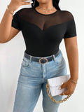 Plus-size women's mesh round neck short-sleeved fitted top, sexy sheer design, classic and stylish versatile style, suitable for