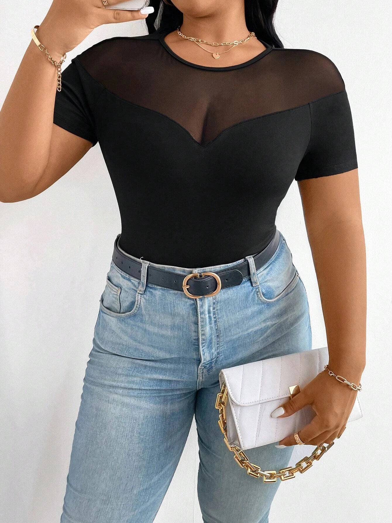 Plus-size women's mesh round neck short-sleeved fitted top, sexy sheer design, classic and stylish versatile style, suitable for