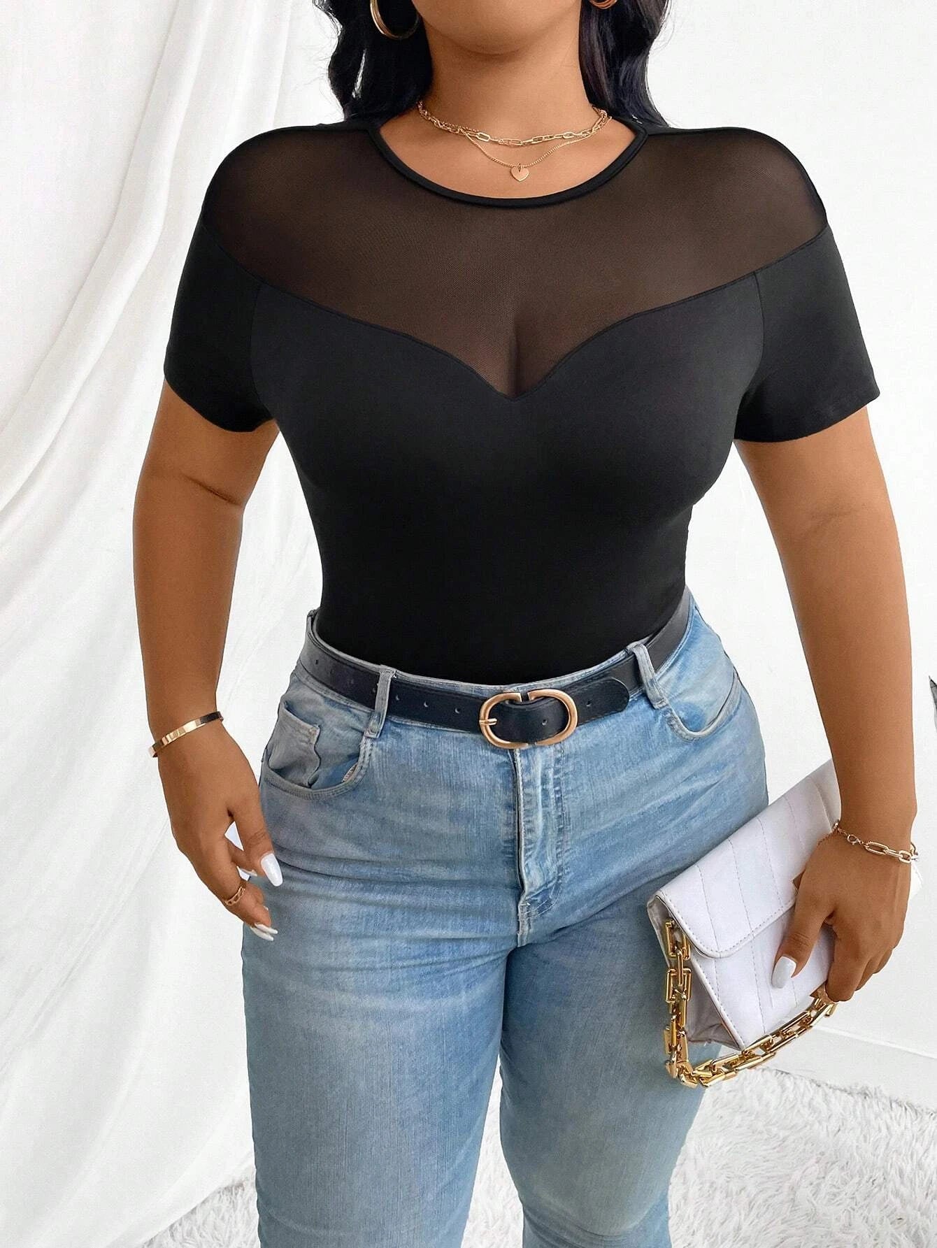Plus-size women's mesh round neck short-sleeved fitted top, sexy sheer design, classic and stylish versatile style, suitable for