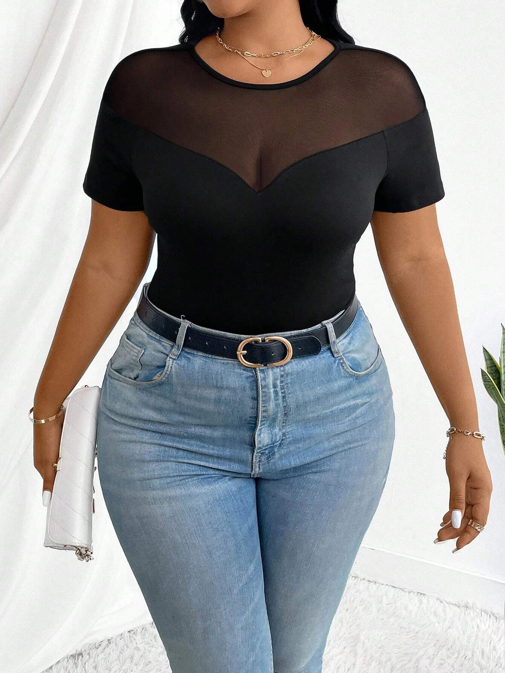 Plus-size women's mesh round neck short-sleeved fitted top, sexy sheer design, classic and stylish versatile style, suitable for