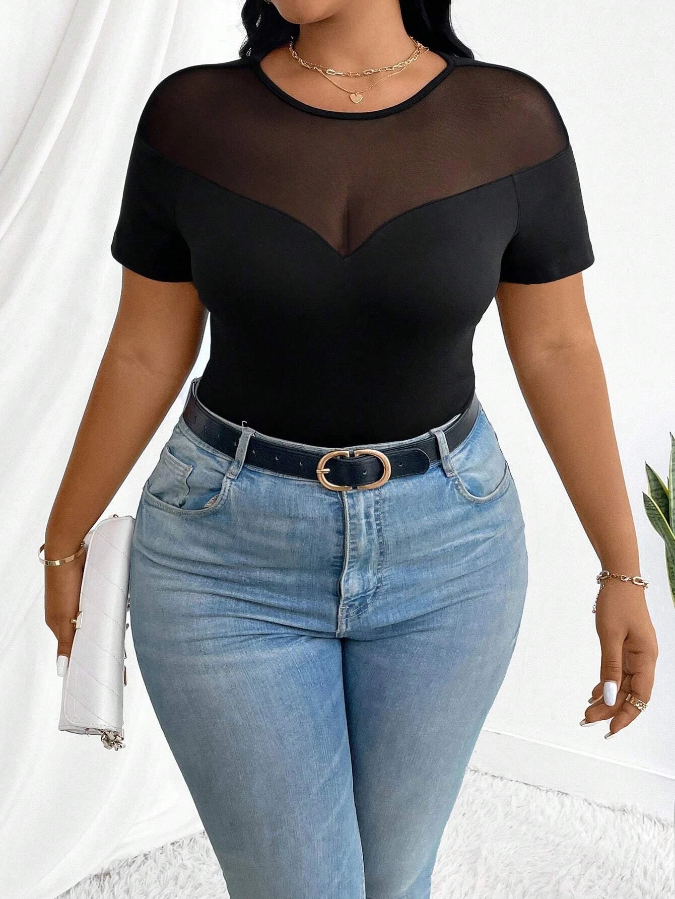 Plus-size women's mesh round neck short-sleeved fitted top, sexy sheer design, classic and stylish versatile style, suitable for