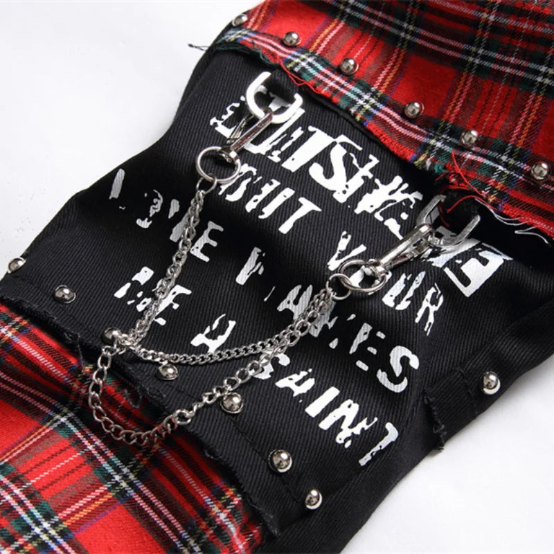 Men's Punk Patchwork Slim Jeans – Rivet & Chain Detail
