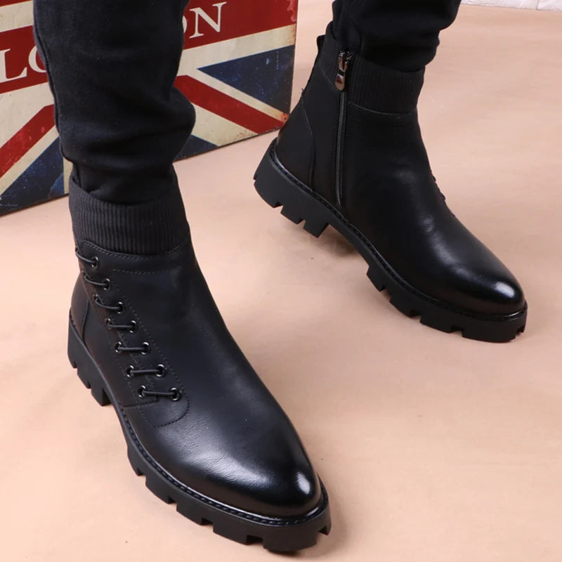 Men's Genuine Leather Platform Cowboy Ankle Boots – Punk Style by RAINTAKI