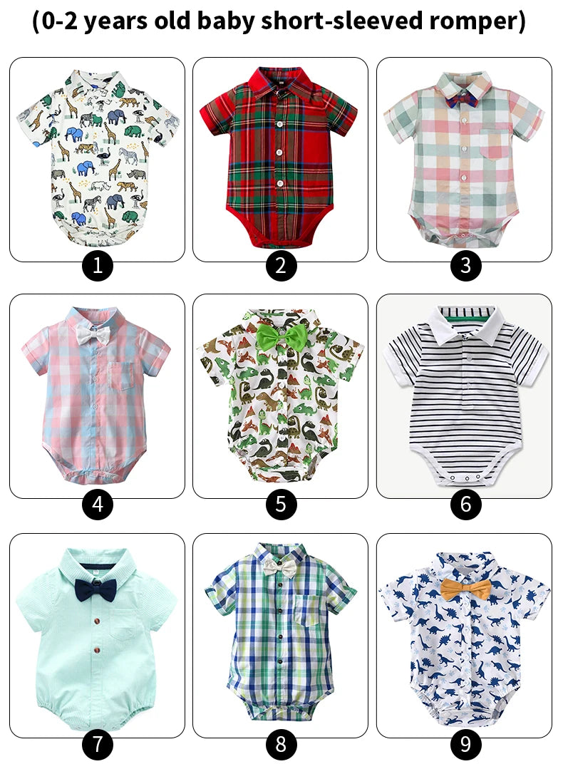 Newborn Boys Bodysuit with Bow Tie Cotton Baby Romper Soft Cartoon Animal Print Formal Short Sleeve Children Top Costume