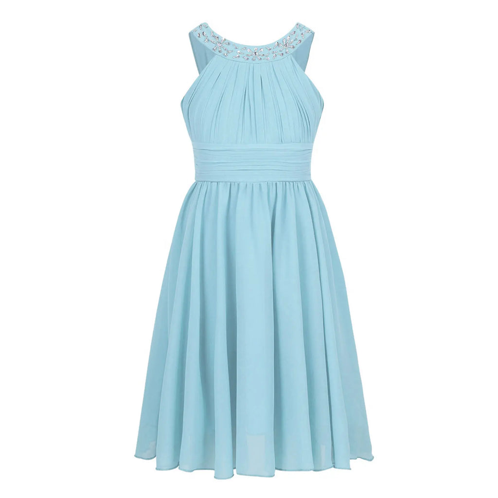 iiniim Girls Summer Party Dress Sleeveless Rhinestone Decor Halter Neck Chiffon Princess Dress for Wedding Flower Girls Birthday