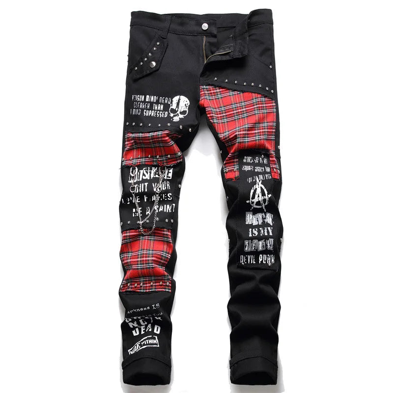 Men's Punk Patchwork Slim Jeans – Rivet & Chain Detail