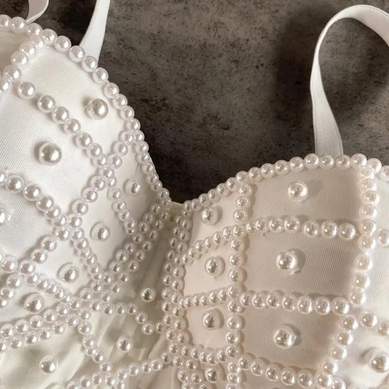 Women's Pearl Beaded Corset Cami Top — Sexy Push-Up Tube Bra