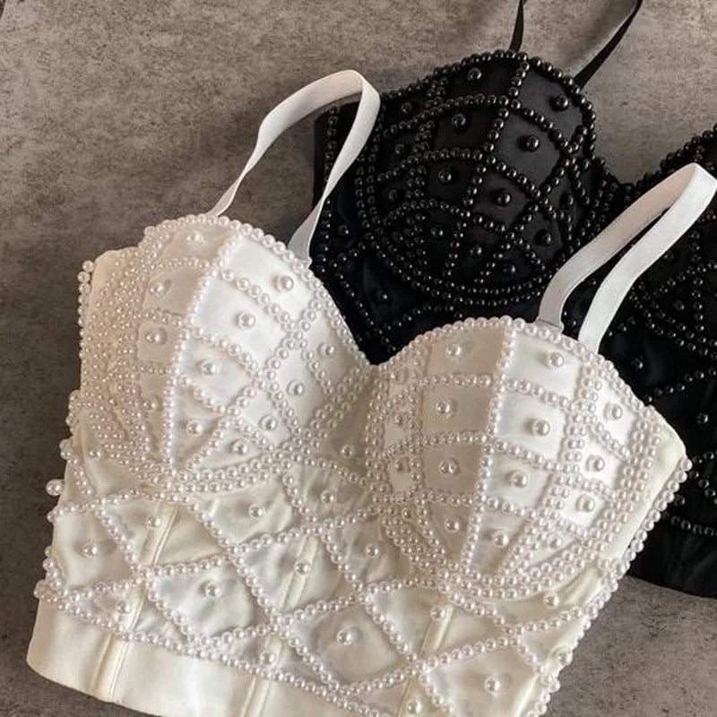 Women's Pearl Beaded Corset Cami Top — Sexy Push-Up Tube Bra