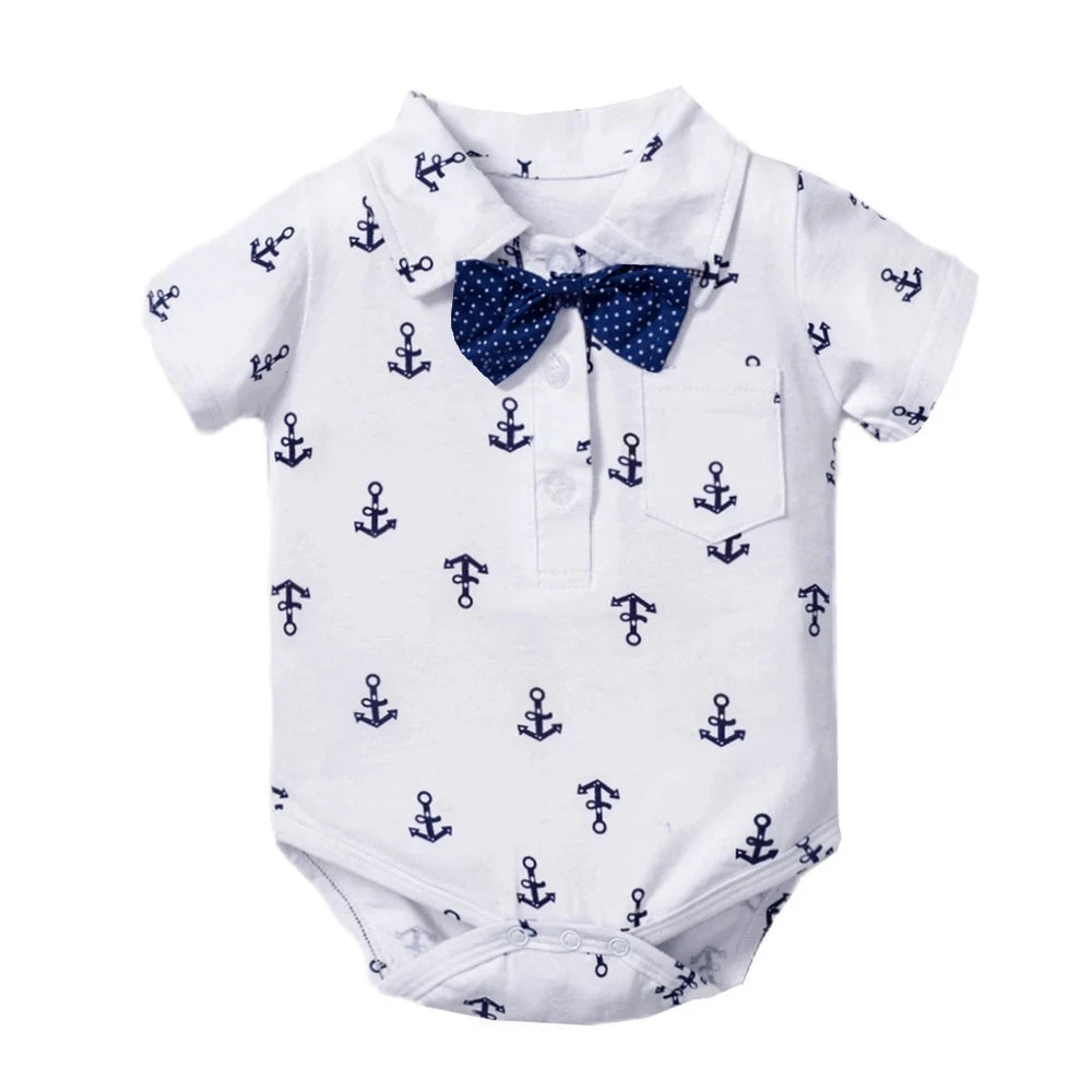 Newborn Boys Bodysuit with Bow Tie Cotton Baby Romper Soft Cartoon Animal Print Formal Short Sleeve Children Top Costume