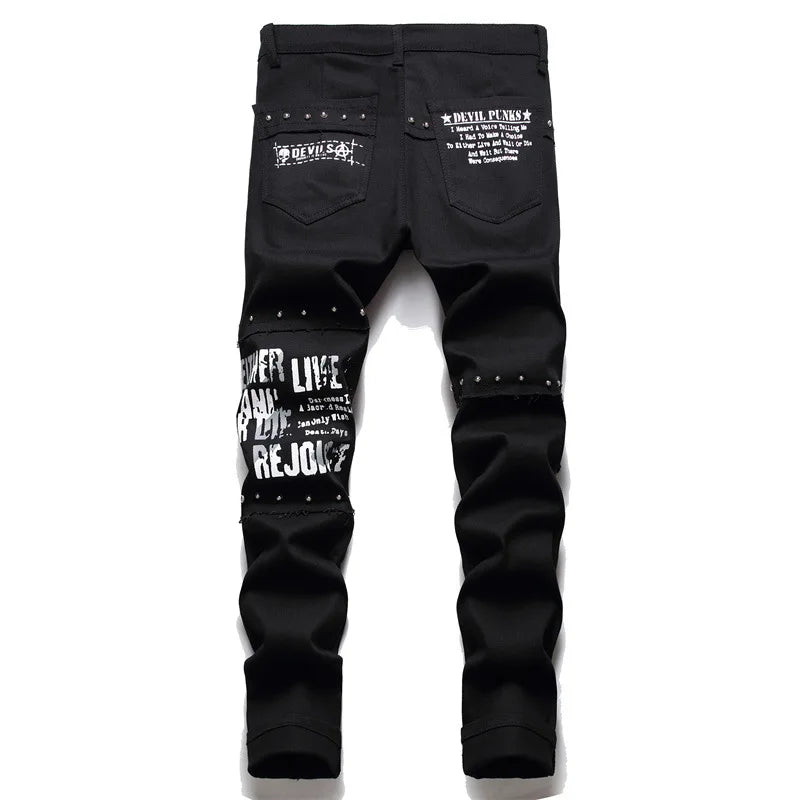 Men's Punk Patchwork Slim Jeans – Rivet & Chain Detail