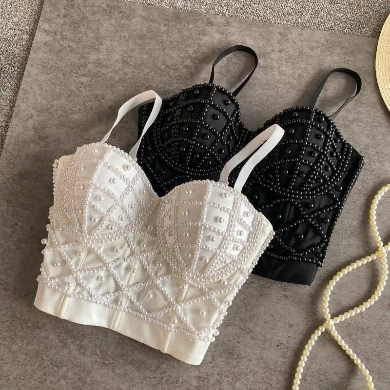 Women's Pearl Beaded Corset Cami Top — Sexy Push-Up Tube Bra
