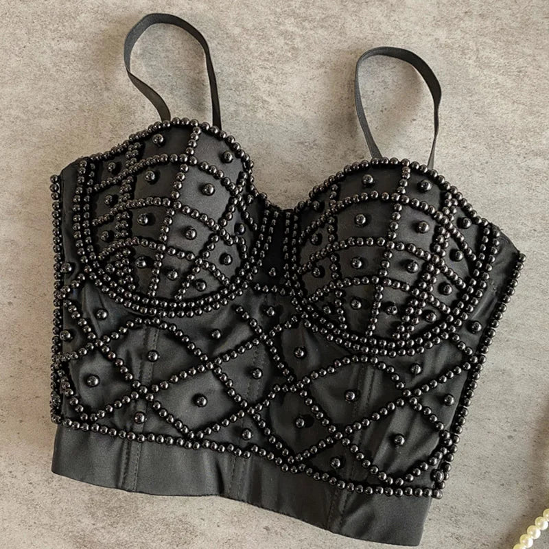 Women's Pearl Beaded Corset Cami Top — Sexy Push-Up Tube Bra