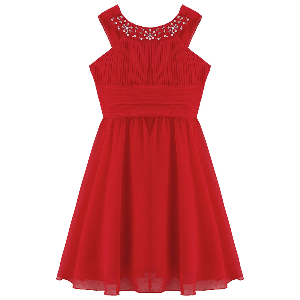 iiniim Girls Summer Party Dress Sleeveless Rhinestone Decor Halter Neck Chiffon Princess Dress for Wedding Flower Girls Birthday