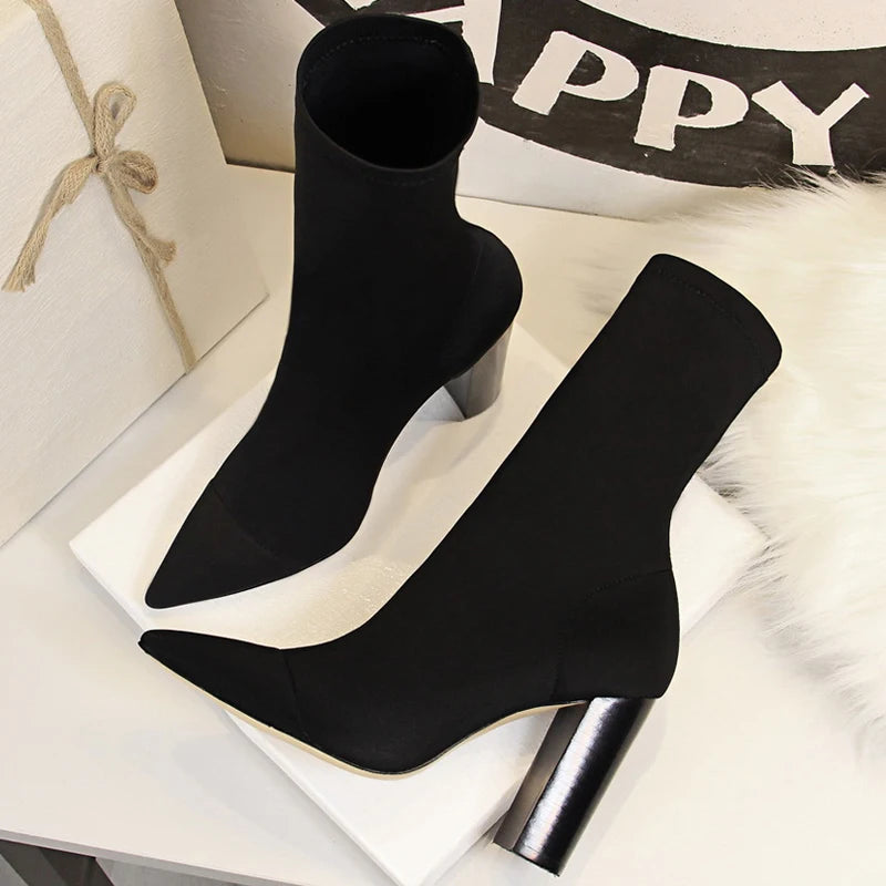 Women's Pointed-Toe Stretch Sock Ankle Boots – High Heel Slip-On Booties for Spring & Fall