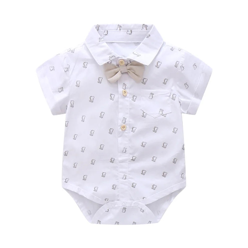 Newborn Boys Bodysuit with Bow Tie Cotton Baby Romper Soft Cartoon Animal Print Formal Short Sleeve Children Top Costume