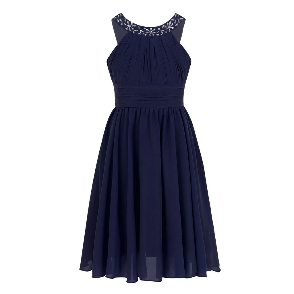 iiniim Girls Summer Party Dress Sleeveless Rhinestone Decor Halter Neck Chiffon Princess Dress for Wedding Flower Girls Birthday