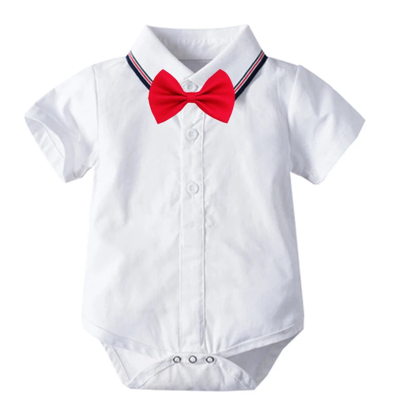 Newborn Boys Bodysuit with Bow Tie Cotton Baby Romper Soft Cartoon Animal Print Formal Short Sleeve Children Top Costume
